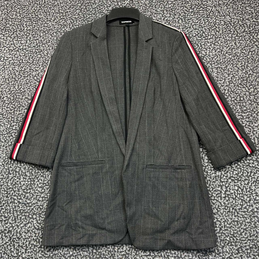 Express Blazer Jacket Women Medium Gray Flannel Plaid Long Sleeve M
